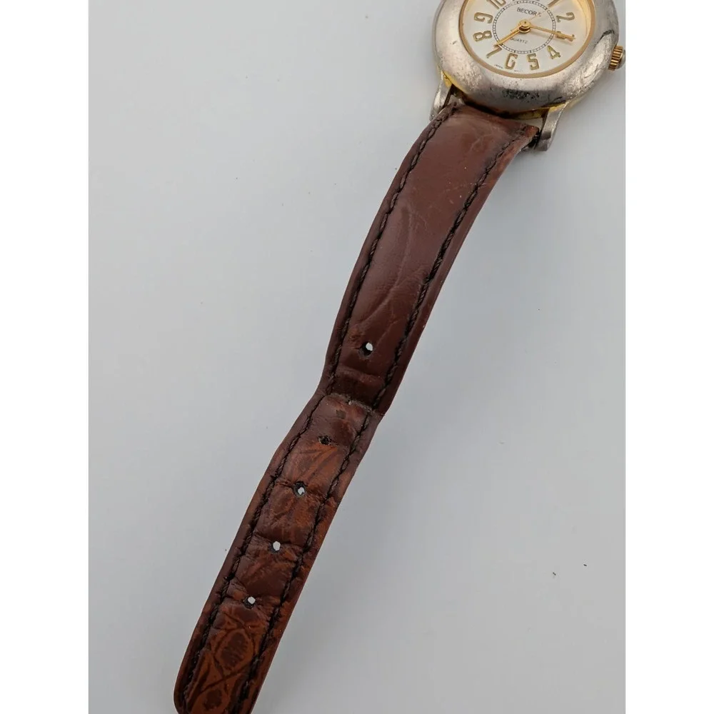 Vintage Becora Watch Women 25mm Gold Case Brown Leather Band-‎ New Battery